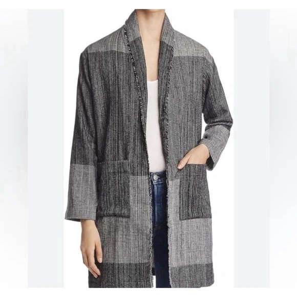 Eileen Fisher Hazy Blocks Organic Cotton Shawl Collar Jacket Sz L/XL Lagenlook - Picture 2 of 13
